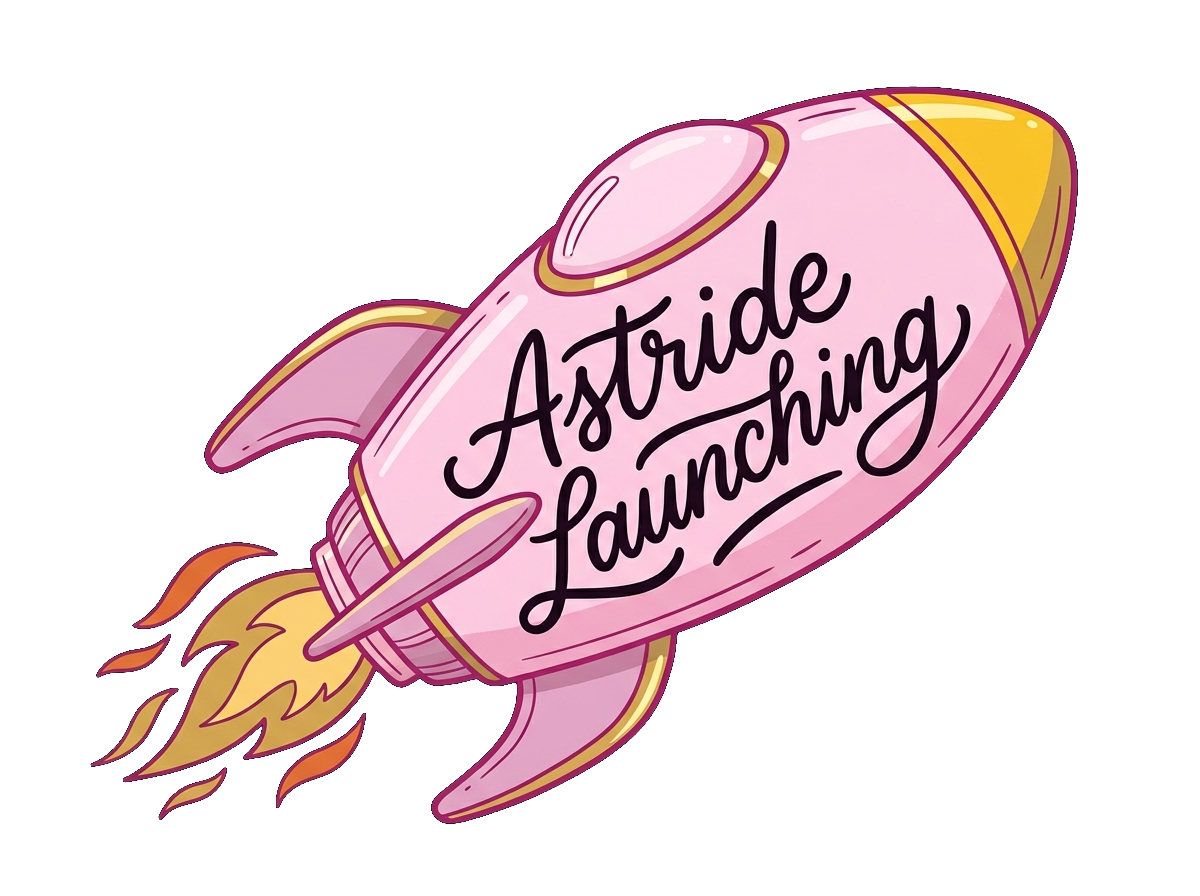 A pink rocket illustration labeled 'Astride Launching' blasting off with gold flames.